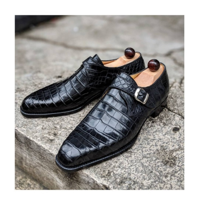 Handmade Men Black Crocodile Monk Strap Dress Shoes