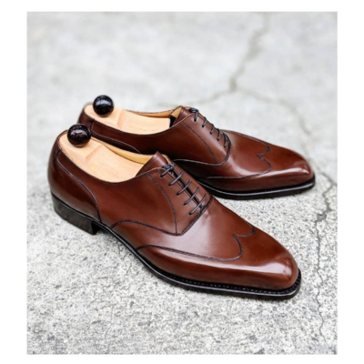 Handmade men brown leather oxford wingtip dress shoes - Thumbnail 2
