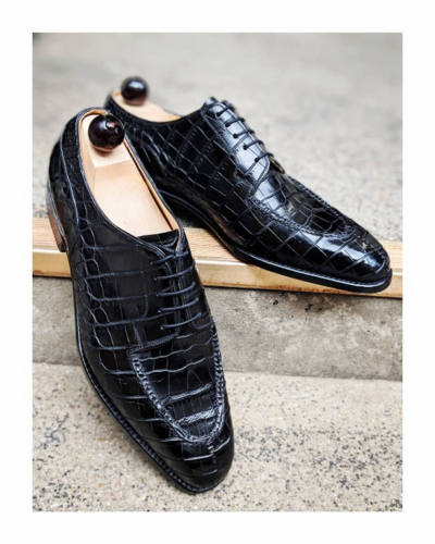 Handmade Men Black Crocodile/Alligator Leather Dress Shoes