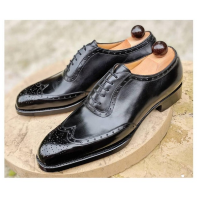 Handmade men black calf leather oxford wingtip dress shoes - Thumbnail 4