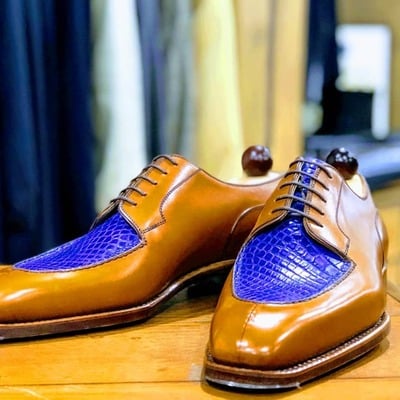 Tan cognac blue crocodile embossed alligator lace up dress shoes - Thumbnail 1