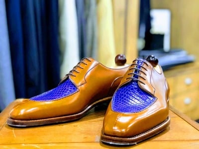Tan Cognac Blue Crocodile Embossed Alligator Lace up Dress Shoes