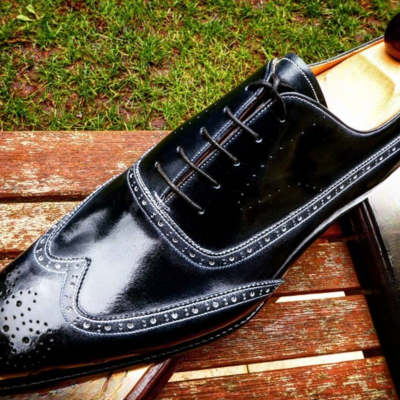 Handmade men black calf leather oxford wingtip dress shoes - Thumbnail 3