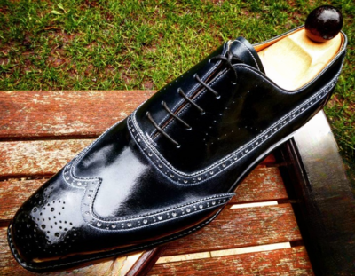 Handmade Men Black Calf Leather Oxford Wingtip Dress Shoes