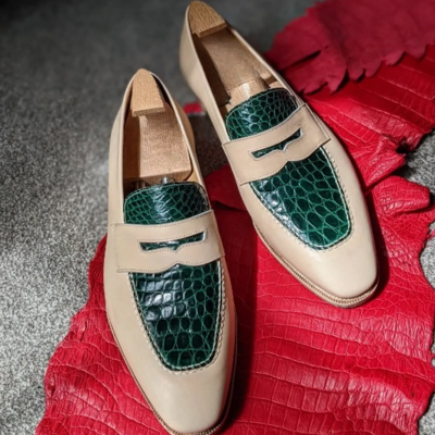 Handmade men cream calf green crocodile leather moccasin loafers dress shoes - Thumbnail 3