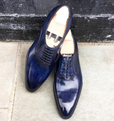 Handmade Men Blue Patina Leather Dress Shoes