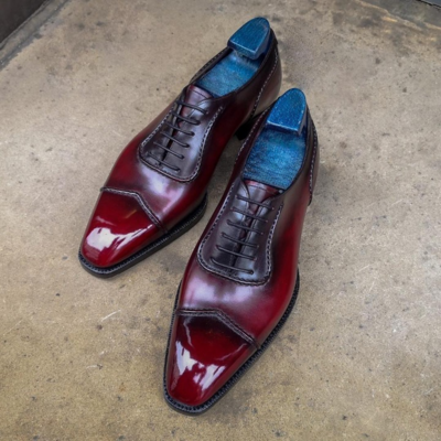 Handmade men burgundy patina leather oxford wingtip dress shoes - Thumbnail 2