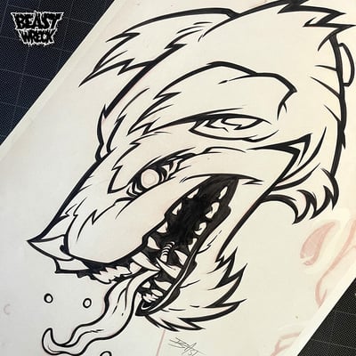 Trisecta wolf head inked artwork