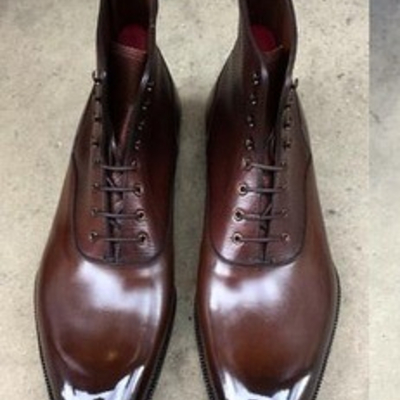 Handmade men dress shoes brown leather ankle high boot - Thumbnail 2