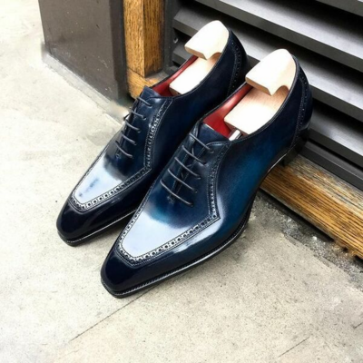 Handmade men blue patina leather dress shoes - Thumbnail 3