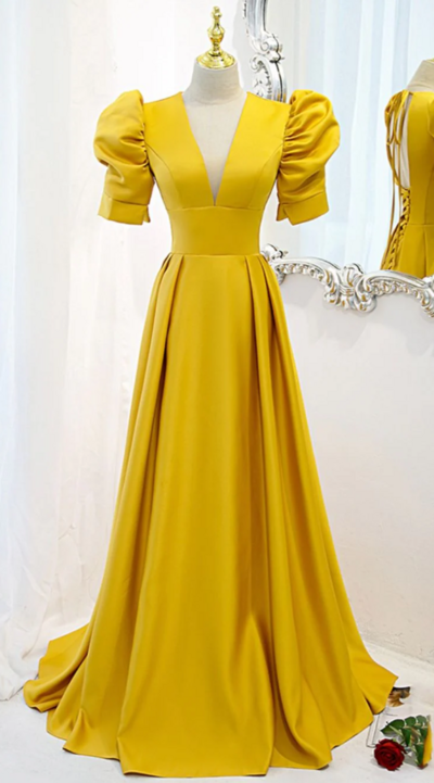 Yellow Satin A Line V Neck Lace Up Prom Dresses