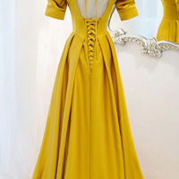 Yellow Satin A Line V Neck Lace Up Prom Dresses - Thumbnail 1