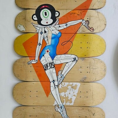 Art skateboard painting by kike yido "cyborg up05" 