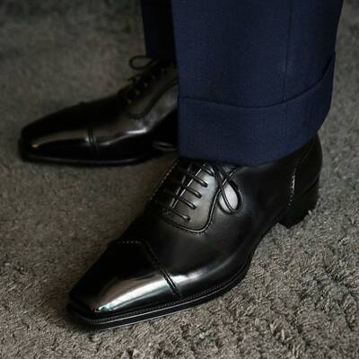 Handmade Men Black Calf Leather Oxford Lace up Dress Shoes