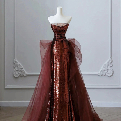 Burgundy sequins tulle long prom party dress - Thumbnail 1