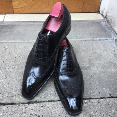 Handmade Men Black Calf Leather Oxford Wingtip Dress Shoes