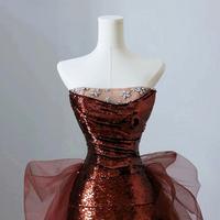 Burgundy Sequins Tulle Long Prom Party Dress - Thumbnail 2