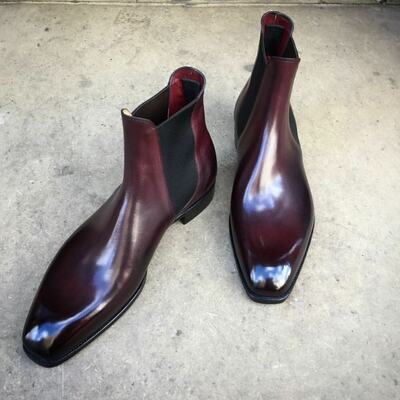 Handmade Men Dress Shoes Burgundy  Patina Leather Chelsea Boot