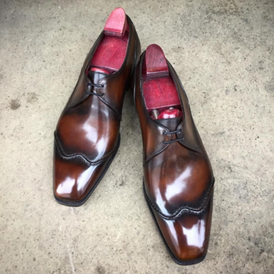 Handmade men brown patina leather oxford wingtip dress shoes - Thumbnail 3