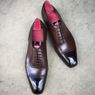 Handmade men brown leather dress shoes - Thumbnail 2