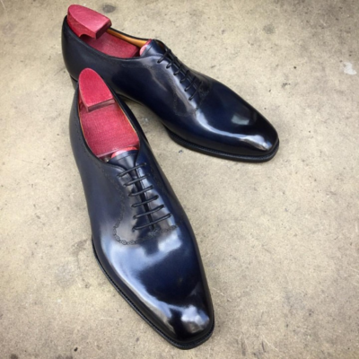 Handmade men blue patina leather dress shoes - Thumbnail 4