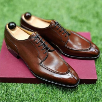 Handmade Men Brown Leather Split Toe Lace up Dress Shoes