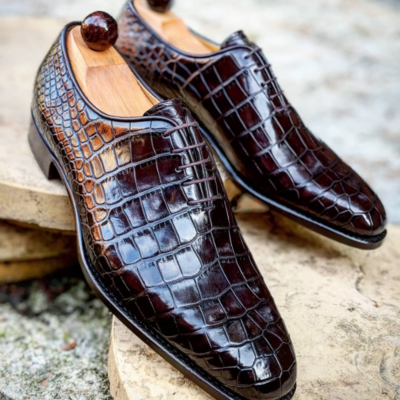 Handmade men dark brown crocodile/alligator leather dress shoes - Thumbnail 3