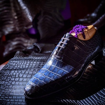 Handmade Men Blue Crocodile/Alligator Leather Lace up Dress Shoes
