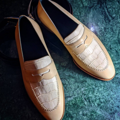 Handmade men cream calf crocodile leather moccasin loafers dress shoes - Thumbnail 3