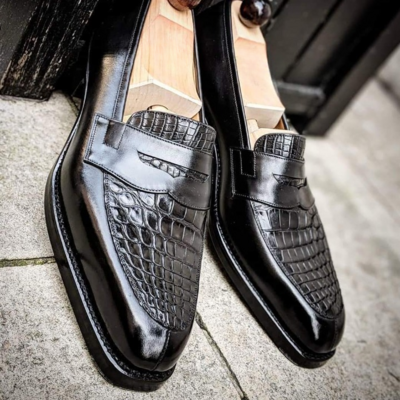 Handmade men black calf black crocodile leather dress shoes - Thumbnail 2