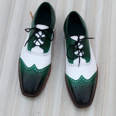 Crafted leather men’s classic ghillie lacing green white leather dress shoes - Thumbnail 2