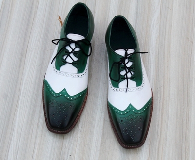 Crafted Leather Men’s Classic Ghillie Lacing Green White Leather Dress Shoes