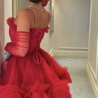 Straps Ball Gown Red Tulle Prom Dresses  - Thumbnail 1
