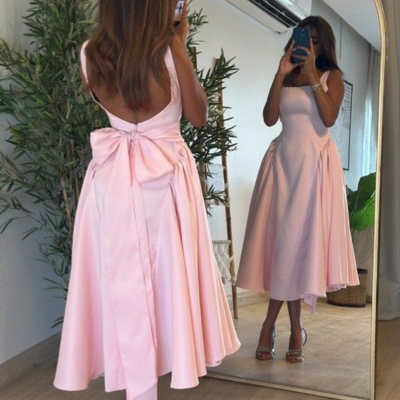 Cute straps pink satin tea length prom dress with bow - Thumbnail 2