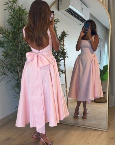 Cute Straps Pink Satin Tea Length Prom Dress With Bow