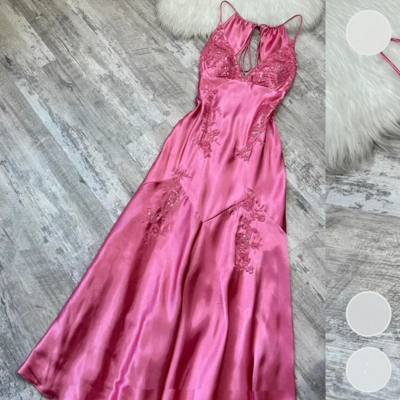 Chic spaghetti straps pink satin evening dress - Thumbnail 3