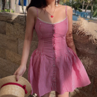 Retro style girl sweet casual plaid button closure suspender dress - Thumbnail 1