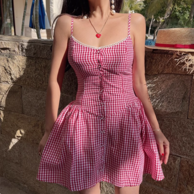 Retro style girl sweet casual plaid button closure suspender dress - Thumbnail 5