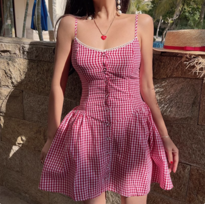 Retro style girl sweet casual plaid button closure suspender dress
