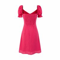 Rose Red Square Neck High Waist Slim Fit Plaid Girl Sweet and Spicy Dress - Thumbnail 4