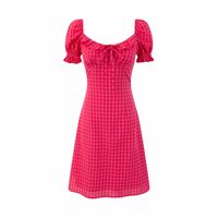 Rose Red Square Neck High Waist Slim Fit Plaid Girl Sweet and Spicy Dress - Thumbnail 5
