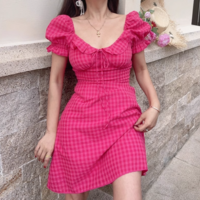 Rose Red Square Neck High Waist Slim Fit Plaid Girl Sweet and Spicy Dress - Thumbnail 2