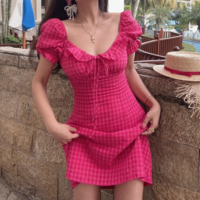 Rose Red Square Neck High Waist Slim Fit Plaid Girl Sweet and Spicy Dress - Thumbnail 1