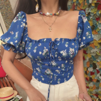 Retro palace style short style navel-baring floral lace-up square collar short-sleeved shirt - Thumbnail 1