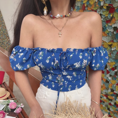 Retro palace style short style navel-baring floral lace-up square collar short-sleeved shirt