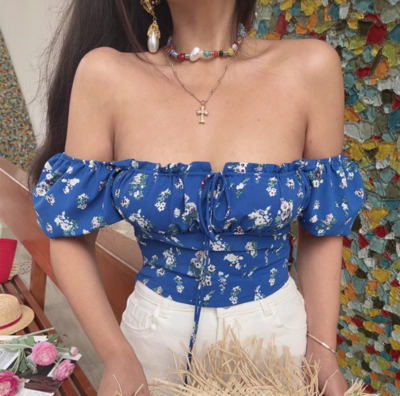 Retro palace style short style navel-baring floral lace-up square collar short-sleeved shirt