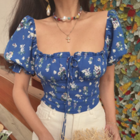 Retro palace style short style navel-baring floral lace-up square collar short-sleeved shirt - Thumbnail 3