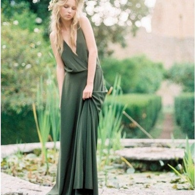 A-line dark green spaghetti straps backless sweep train chiffon bridesmaid dress,pd231254
