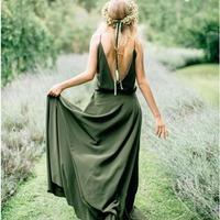 A-Line Dark Green Spaghetti Straps Backless Sweep Train Chiffon Bridesmaid Dress,PD231254 - Thumbnail 1