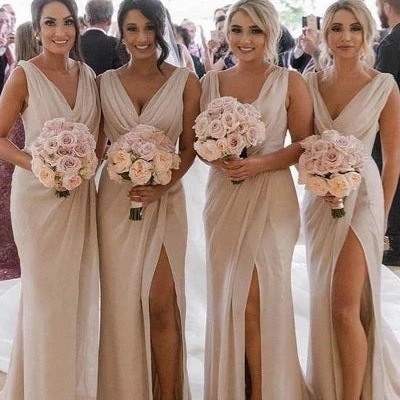Sheath champagne v neck open back chiffon long bridesmaid dresses with split,pd231256